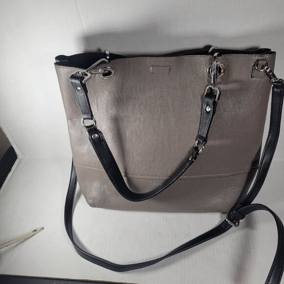 Calvin Klein Classic Work Travel Gray & Black  Leather Tote Bag With Pouch Set - Picture 2 of 16